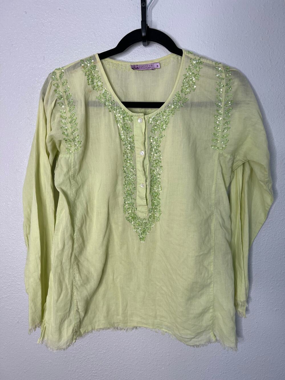 Calypso Christiane Celle Top Lime Green Button Up Embroidered Long Sleeve Sz S